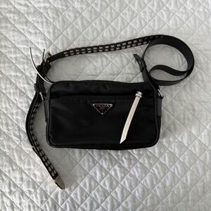 Prada Nylon Studded Crossbody Bag with White Leather Accents